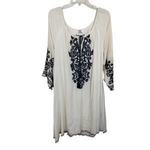 3631)Chic Connection Ivory Blue Embroidery 3/4 Sleeve Boho Tunic Dress Large